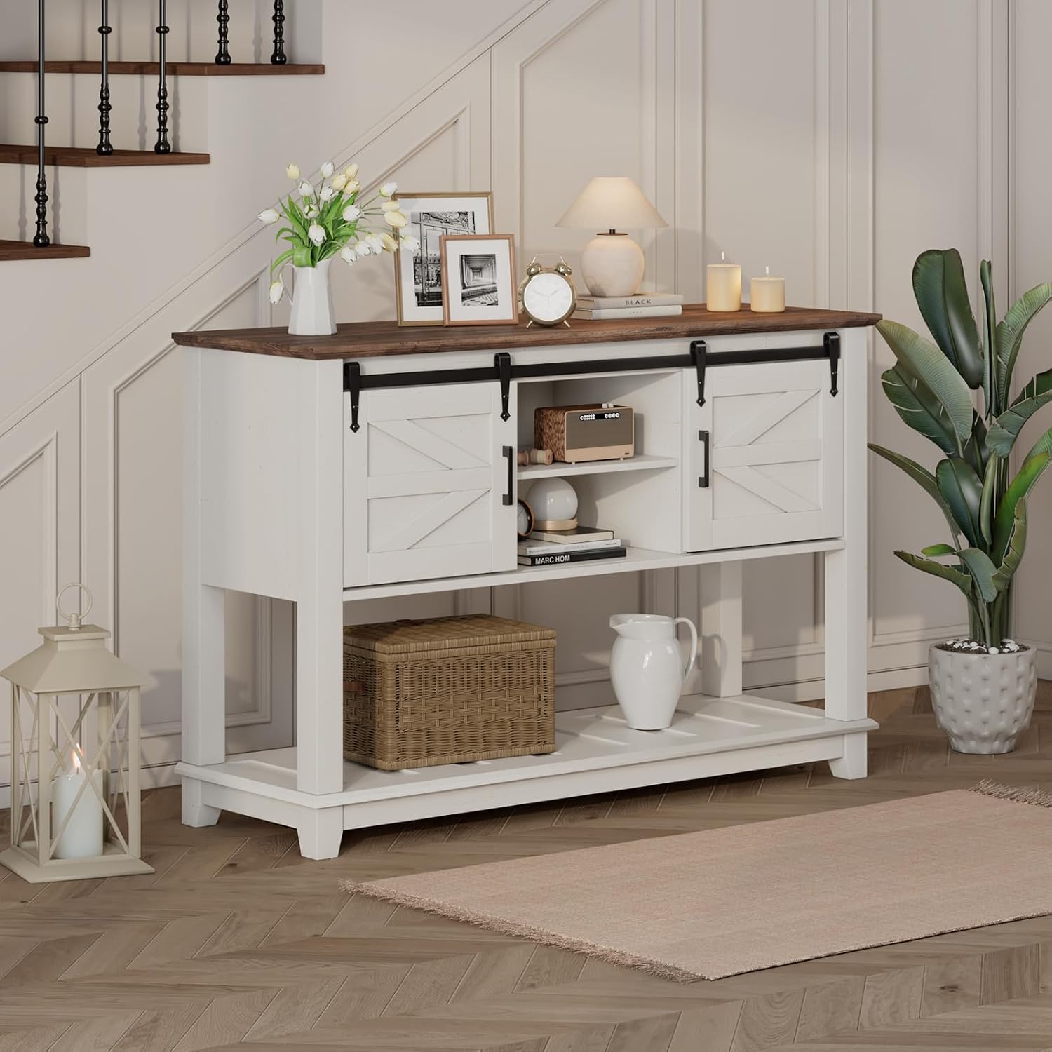 LUXOAK Farmhouse Entryway Table with Sliding Barn Doors, 46' Sofa Table for Living Room, Console Table with Storage Hallway Entrance Table, Antique White