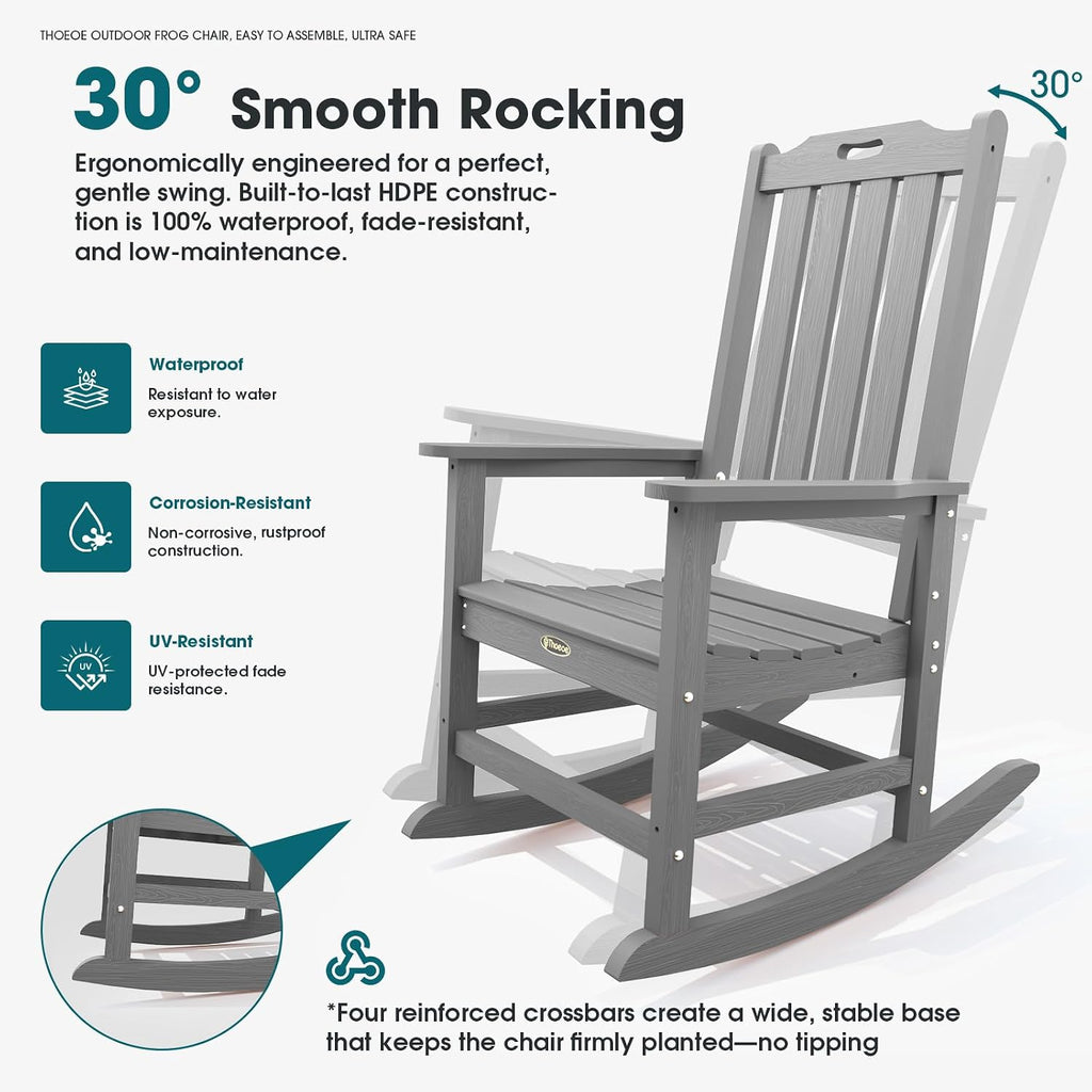 THOEOE Oversized Rocking Chair Set of 2, Outdoor Rocking Chair for Adults, All Weather Resistant Porch Rocker for Lawn Garden, Grey