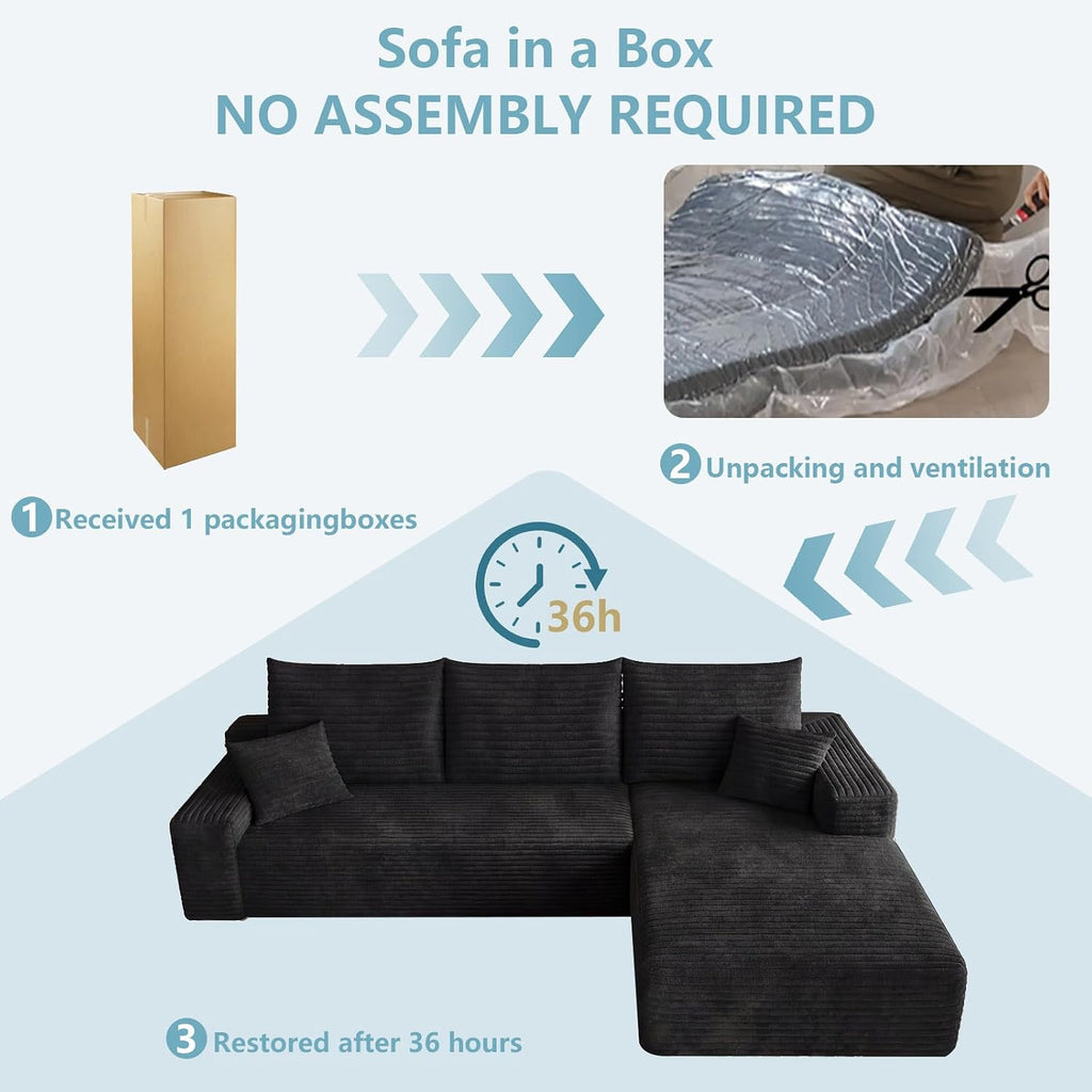95' Cloud Sectional Couch with L-Shape Chaise, Modern Corduroy Boneless Couch for Living Room,Memory Foam Sofa with Deep Seat,No Assembly Required (Black,Right-Facing Chaise)