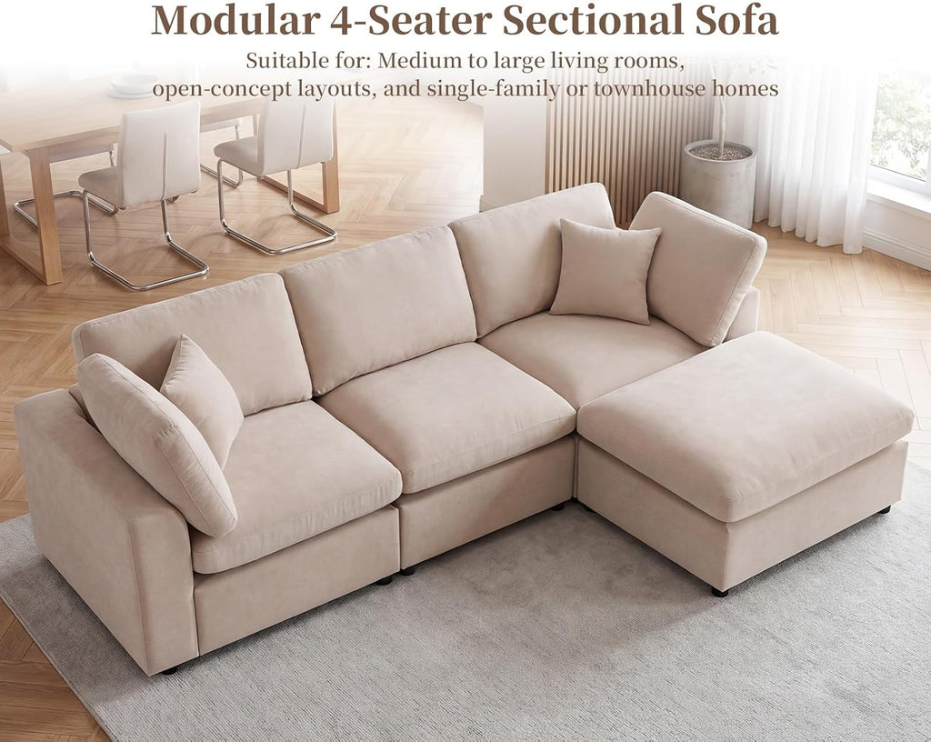 L-Shaped Modular Sectional Sofa, Modern Cloud Couch with Ottoman, 3-Seater Corner Sofa, Deep-Seated Sofas for Living Rooms, Bedroom and Apartment, Beige - Chenille