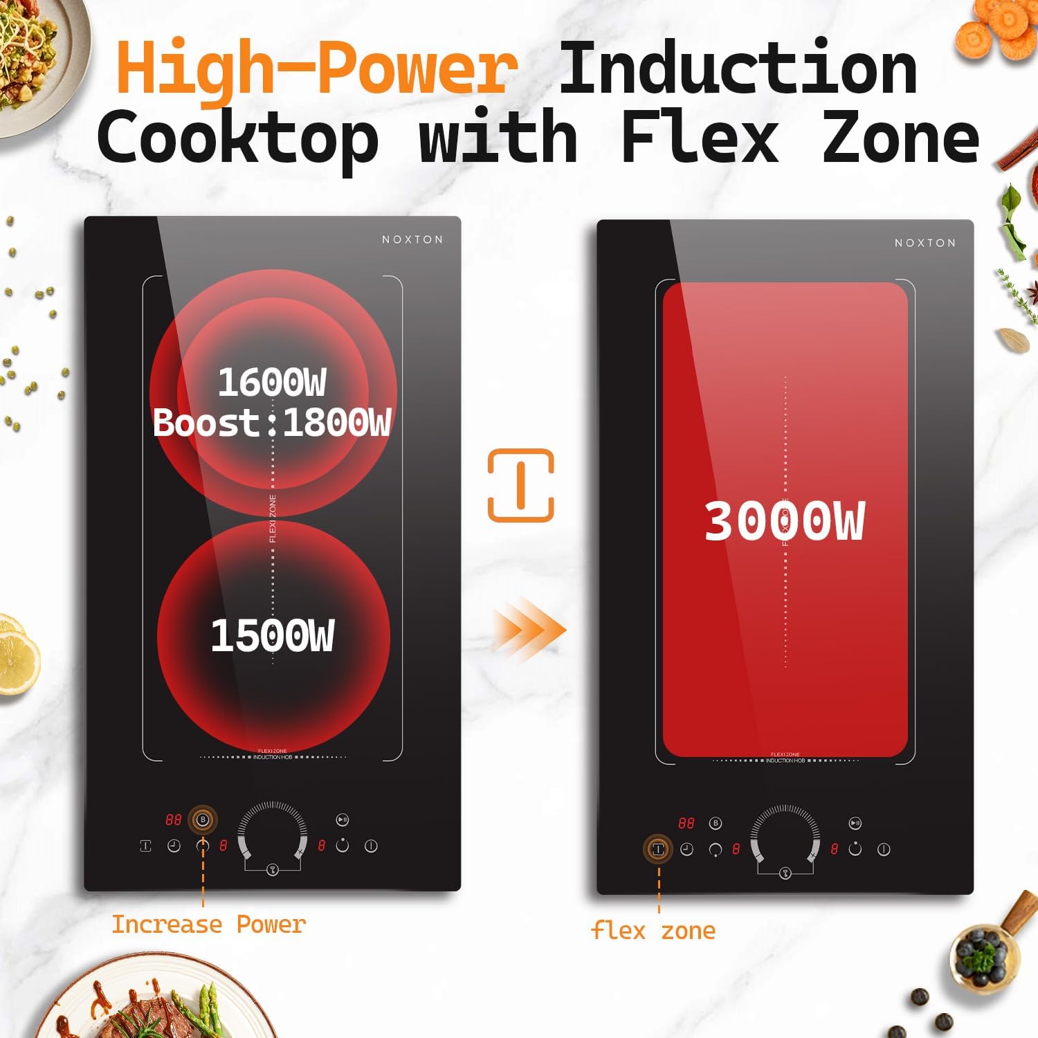 Noxton Double Induction Cooktop, 2 Burners Electric Cooktop, Upgraded Induction Stovetop with Flex Zone, Power Boost, 9 Power Levels, 3500W, Child Safety Lock, Timer, 220-240V Hard wire, 12 Inch