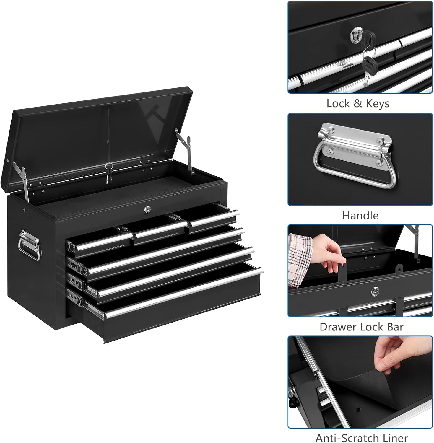 TUFFIOM 8-Drawer Rolling Tool Chest, Tool Storage Cabinet w/Lockable Wheels, Detachable Top, Drawers & Side Hooks, Mechanic Tool Organizer Box for Garage Warehouse Repair Shop