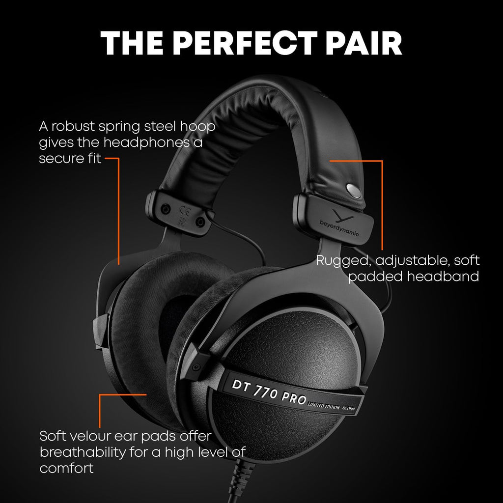 beyerdynamic DT 770 PRO, 80 Ohm, Closed Back, Over Ear, Wired Professional Studio Headphones, Home Recording, Podcast, Monitor, 3m Straight Cable, Black with Limited Edition Black Velour Ear Pads