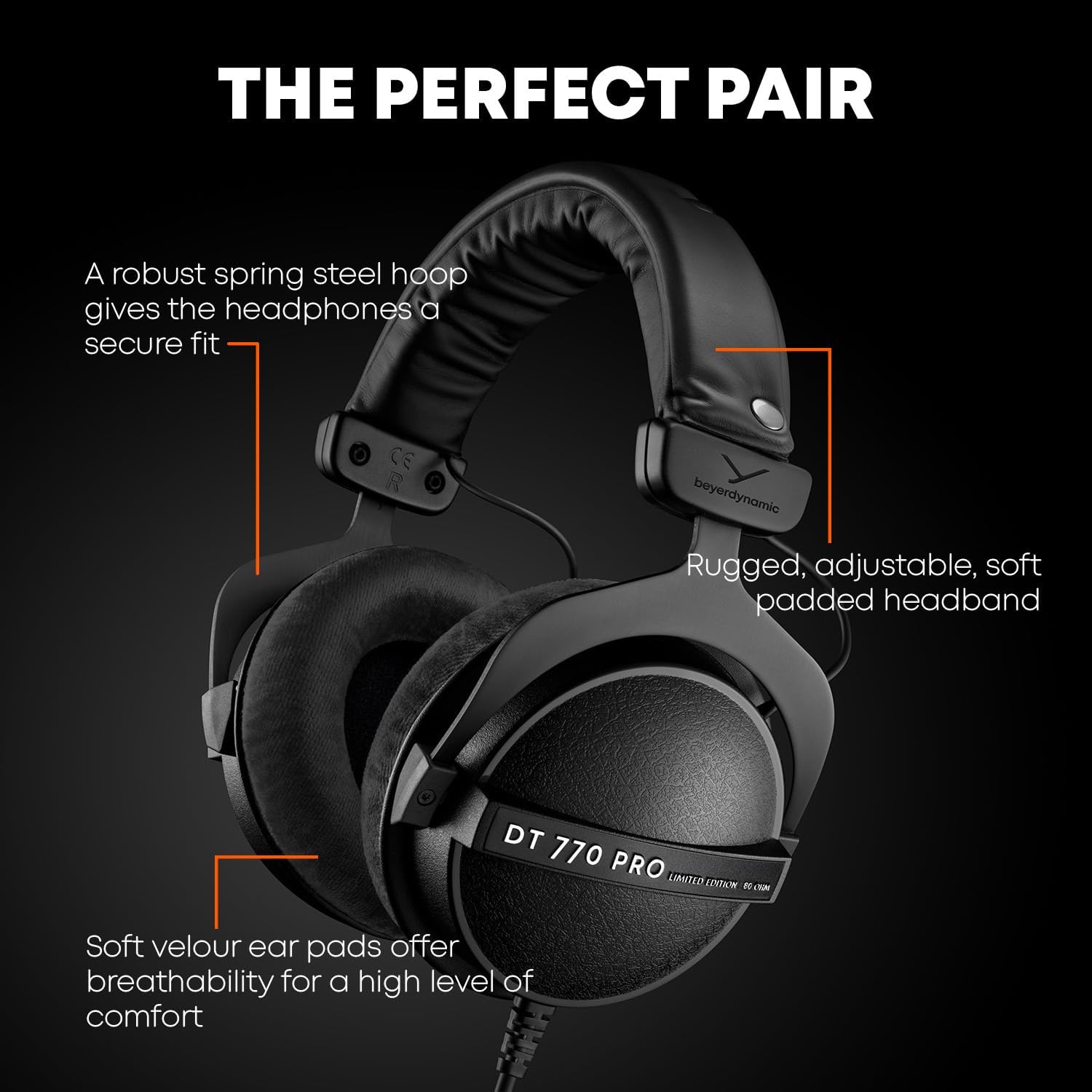 beyerdynamic DT 770 PRO, 80 Ohm, Closed Back, Over Ear, Wired Professional Studio Headphones, Home Recording, Podcast, Monitor, 3m Straight Cable, Black with Limited Edition Black Velour Ear Pads