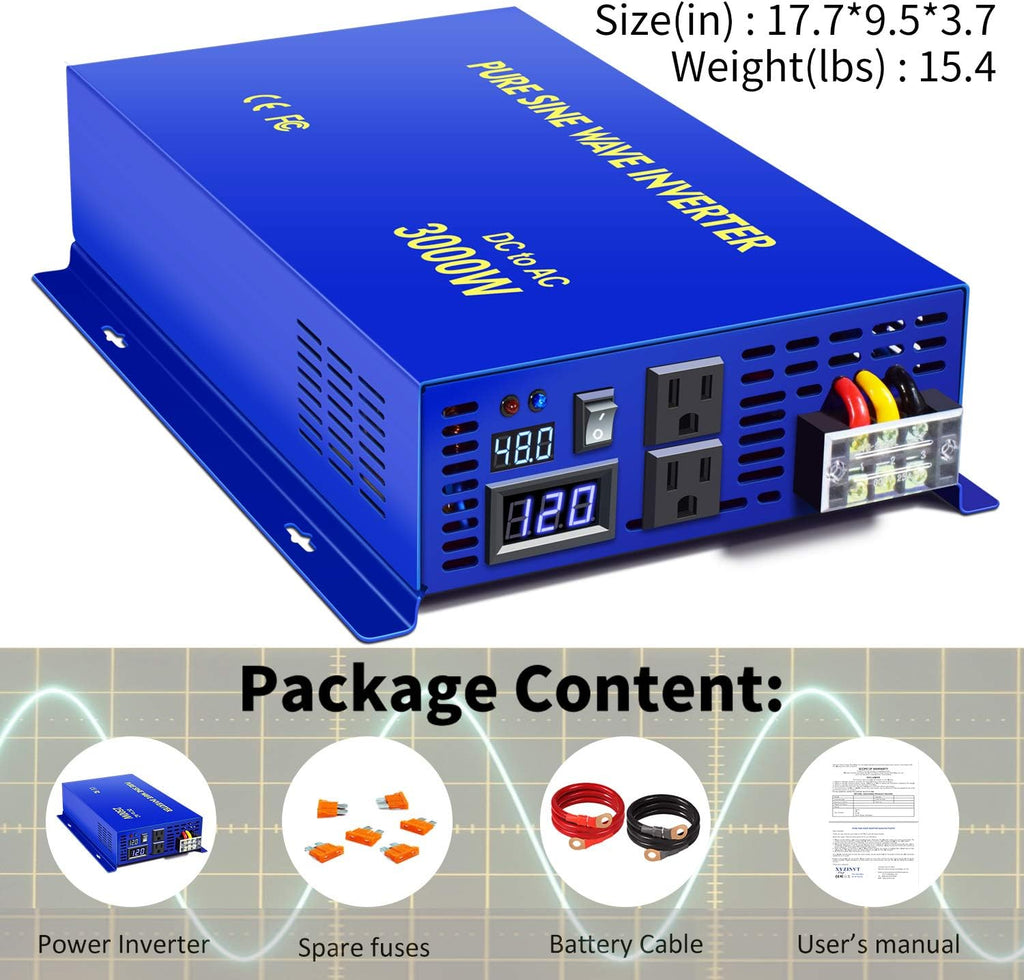 3000 watt Inverter 48 Volt Pure Sine Wave Inverter 48V DC to AC 120V 110V Surge 6000W, Power Inverter for Truck car RV Home Solar. (3000W 48V)