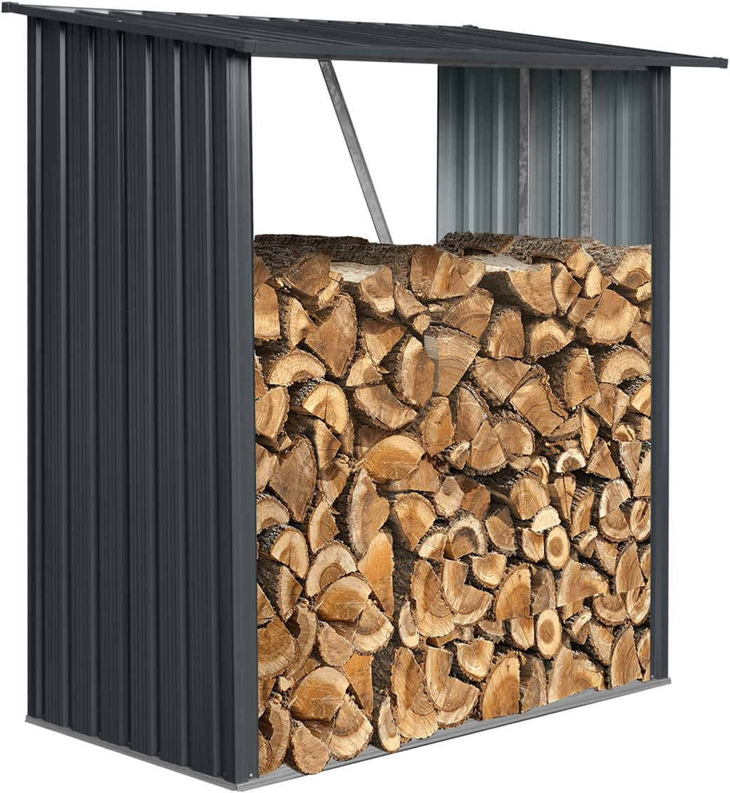 Outdoor Steel Firewood Rack, 3ft x 5ft Weather Resistant Open Wood Shed with Sloped Roof for Firewood, Pellet, or Lumber Storage, Black