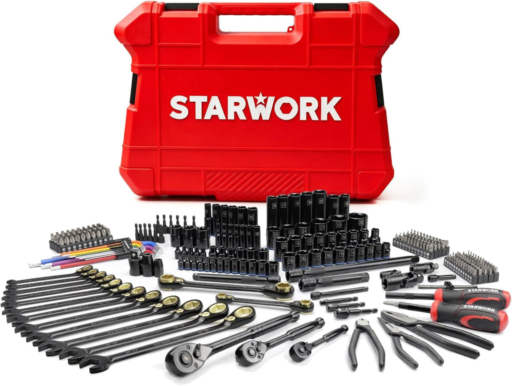 STARWORK TRUE MECHANIC™ 305-Piece Mechanics Tool Set with 120-Tooth Reversible Ratcheting Wrench Set, 1/4', 3/8', 1/2' Drive, Professional Metric Set