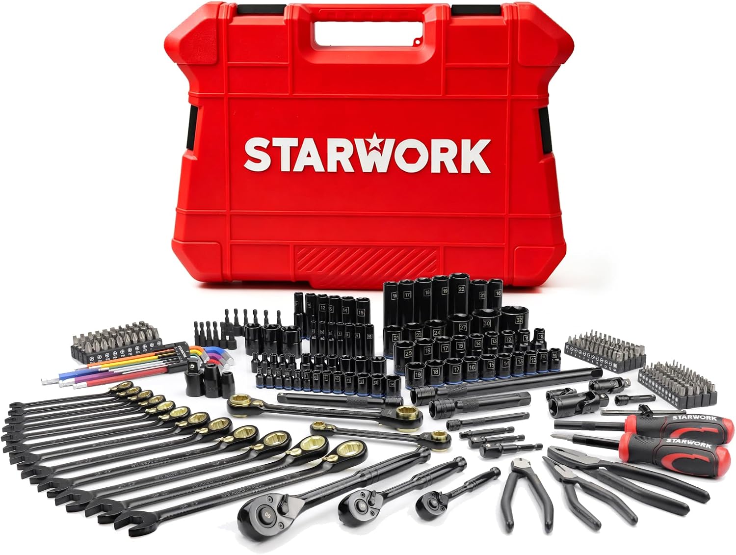 STARWORK TRUE MECHANIC™ 305-Piece Mechanics Tool Set with 120-Tooth Reversible Ratcheting Wrench Set, 1/4', 3/8', 1/2' Drive, Professional Metric Set