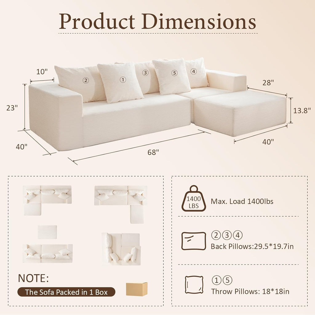 INGEROOM 108' Cloud Sectional Couch with L-Shape Chaise, Modular Sofa Memory Foam, Boneless Sofa with Movable Ottoman, Upholstered Couches for Living Room Bedroom, No Assembly Required, Beige