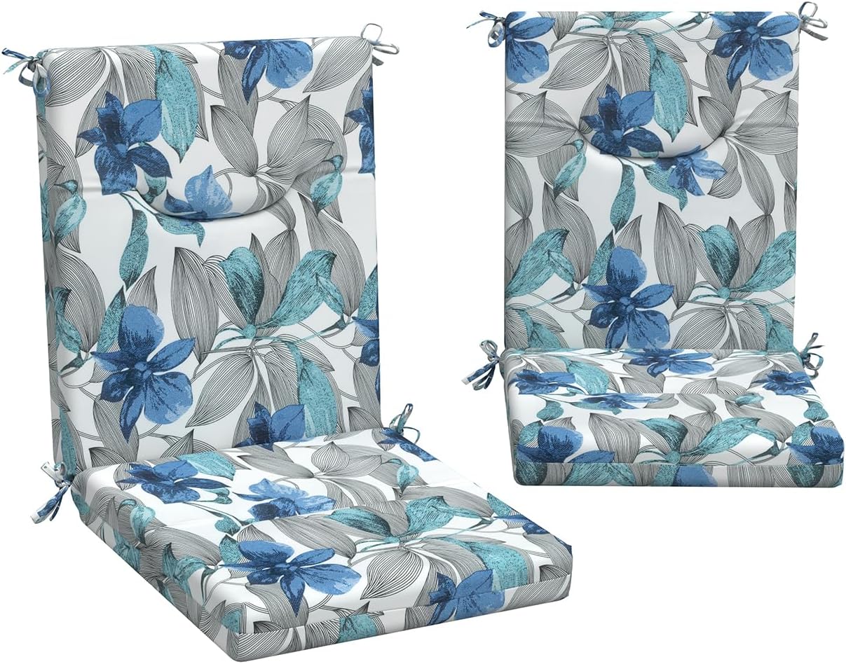 DYTXIII Outdoor High Back Chair Cushions Set of 2, 44x20 in Water Repellent Patio Seat Cushions with Elastic Sponge, All Weather Cushions for Rocking, Dining, Patio Furniture - Clemens Noir Blue