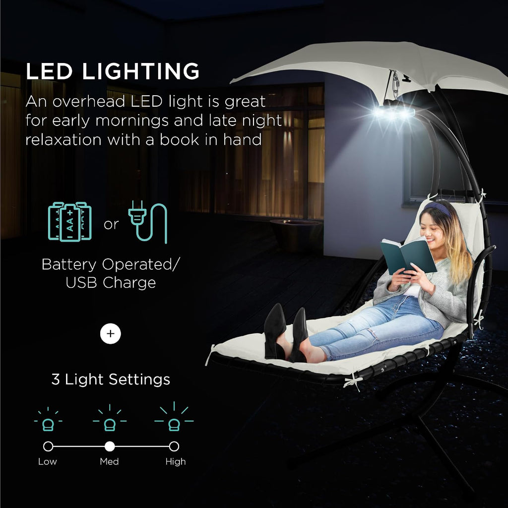 Best Choice Products Hanging LED-Lit Curved Chaise Lounge Chair Swing for Backyard, Patio, Lawn w/ 3 Light Settings, Weather-Resistant Pillow, Removable Canopy Shade, Steel Stand - Ivory