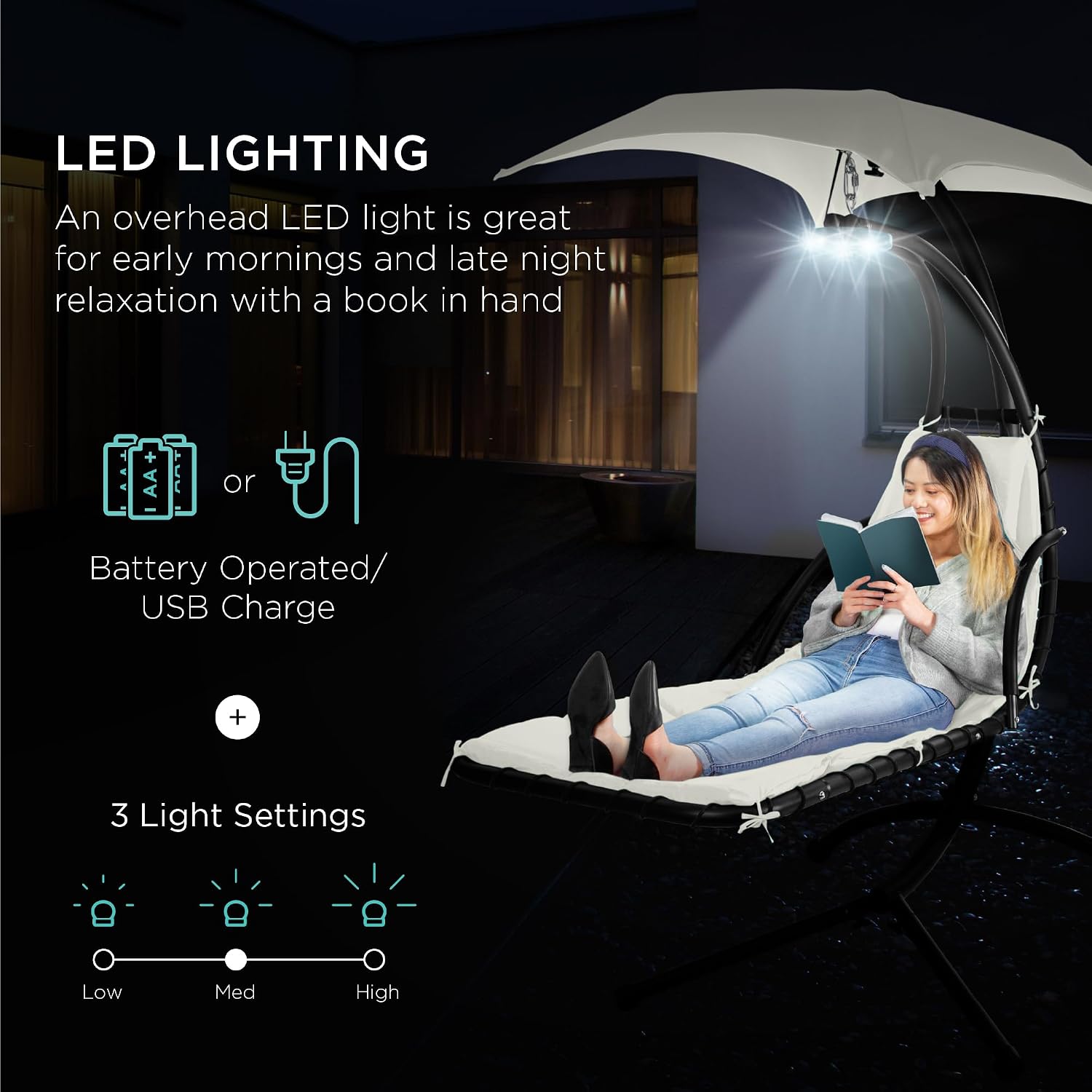 Best Choice Products Hanging LED-Lit Curved Chaise Lounge Chair Swing for Backyard, Patio, Lawn w/ 3 Light Settings, Weather-Resistant Pillow, Removable Canopy Shade, Steel Stand - Ivory
