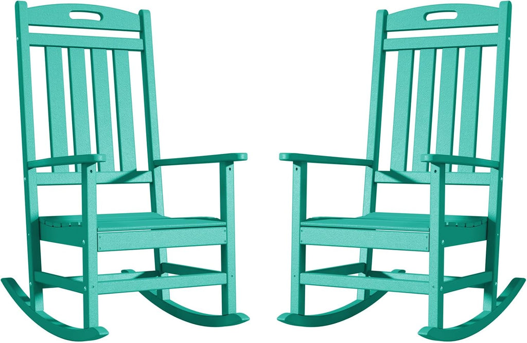 Outdoor Rocking Chair Set of 2, High Back Plastic Patio Rocking Chairs for Outside Porch Rocker Garden Lawn, All-Weather Resistant Poly Lumber Rocker Chair Outdoor, Aruba Blue