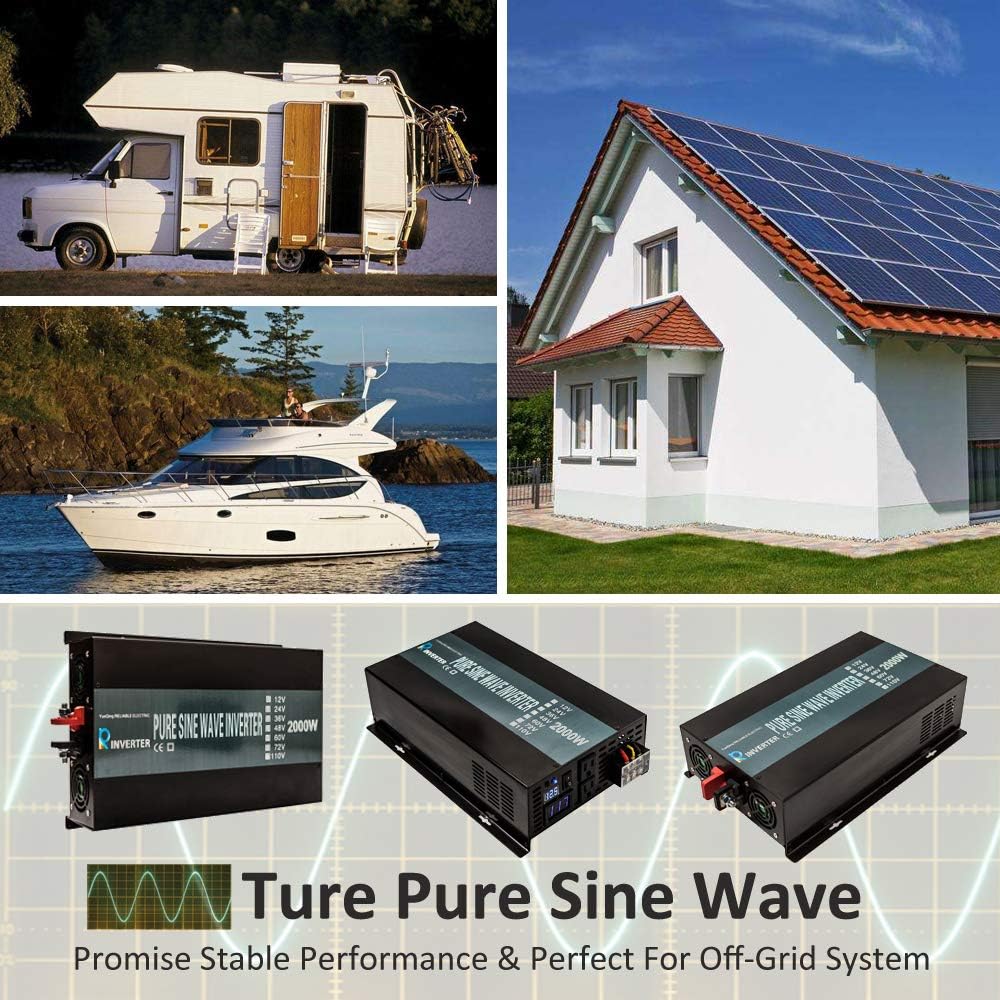 WZRELB 2000W High Frequency LED Display Power Generator True Pure Sine Wave Solar Power Inverter Off Grid DC to AC 24V 120V Converter(Black)