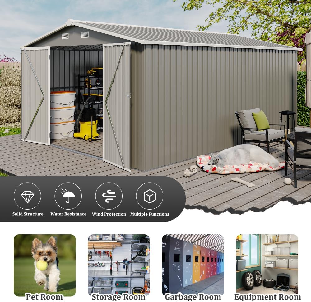 10x14FT Metal Garden Shed - Lockable Outdoor Storage Shed, Heavy-Duty Storage Sheds for Backyard Patio, Sheds & Outdoor Storage (Light Gray)