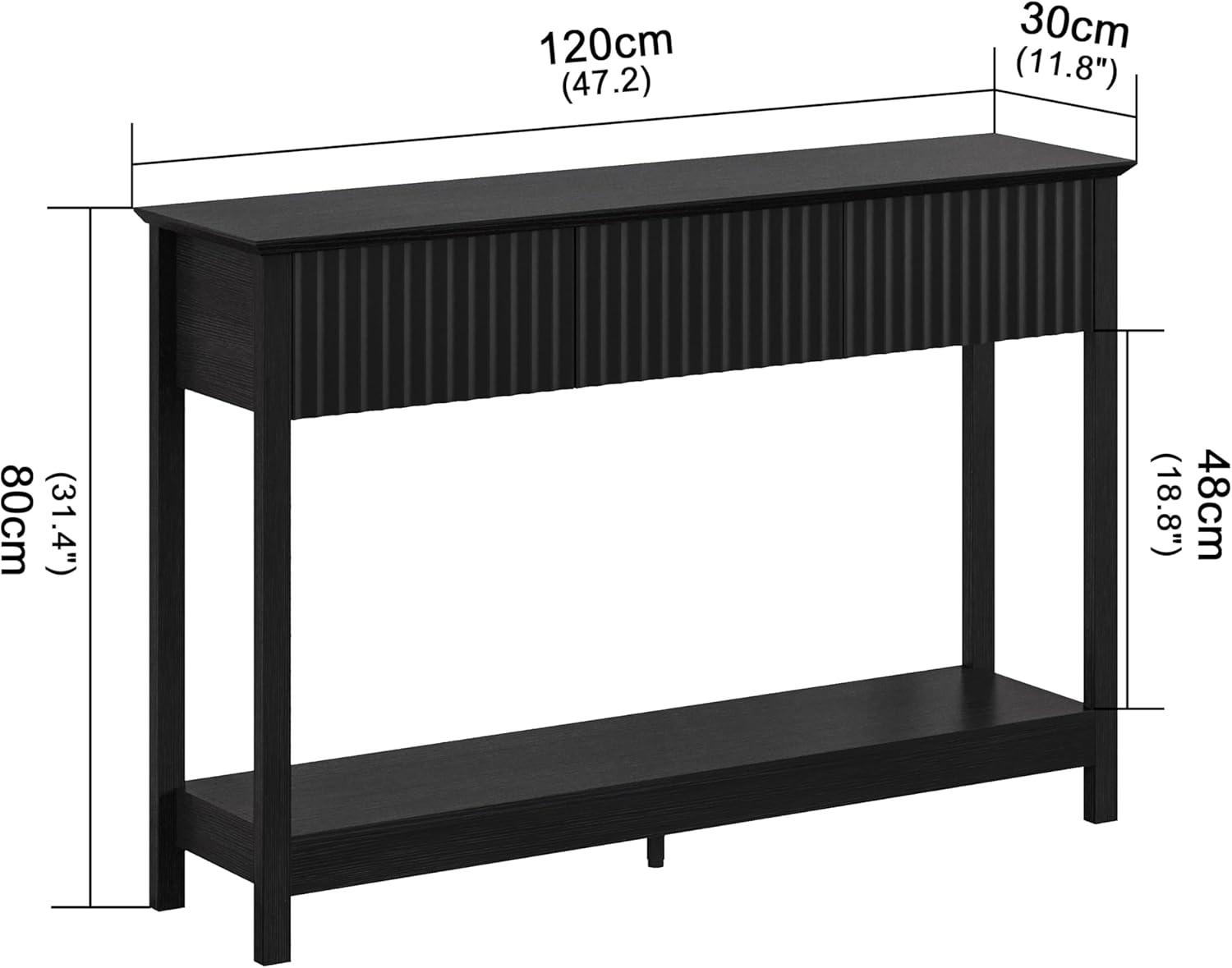 Treocho 47' Fluted Console Table with 3 Drawers, Narrow Long Entryway Table with Storage and Shelf, 2-Tier Sofa Table Behind Couch Accent Tables for Entrance Foyer, Hallway, Living Room, Black