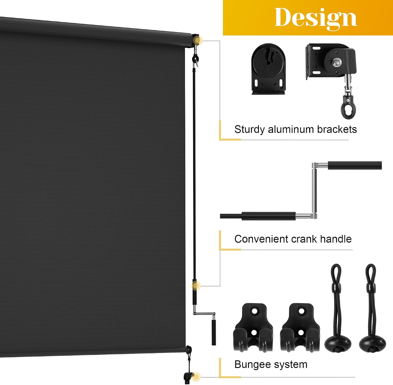 Outdoor Roller Shade (6'W X 6'H) 420GSM New Material with 95% UV Protection, Cordless Aluminum Patio Shade with Crank Handle, Outdoor Patio Blinds for Shading, Privacy Protection, Black
