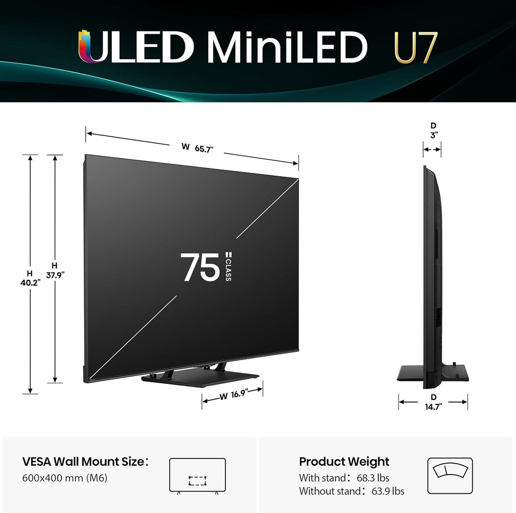Hisense 75' U7 Mini-LED ULED 4K UHD Best Premium Gaming Google Smart TV (75U75QG, 2025 Model) - QLED, Native 165Hz, VRR 288, Up to 3000 Nits, HDR10+, Dolby Vision IQ · Atmos, IMAX Enhanced, 2.1.2 Ch