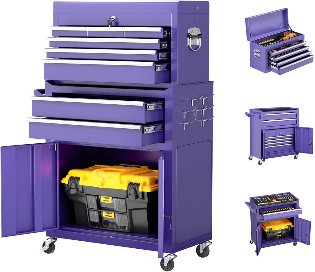Oakcloud Lockable 8-Drawer Rolling Tool Chest & Cabinet Combo with Black Liner – Heavy-Duty Steel Garage Tool Box on Wheels – Detachable Top Toolbox & Bottom Storage Cart with Side Hooks, Purple