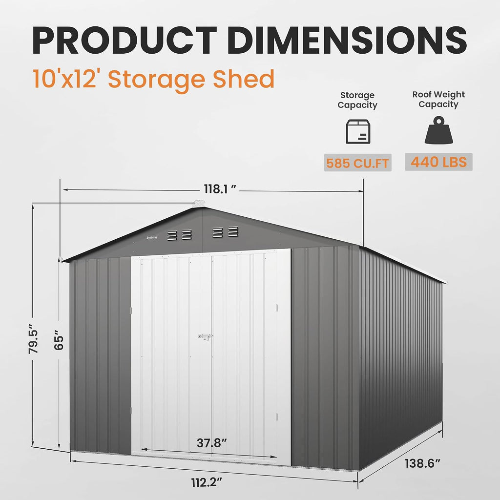 10x12 FT Outdoor Storage Shed, Tool Shed Outdoor Storage Large Updated Frame Structure with Double Lockable Doors, Steel Anti-Corrosion Sheds for Backyard, Pool, Patio, Light Gray+White