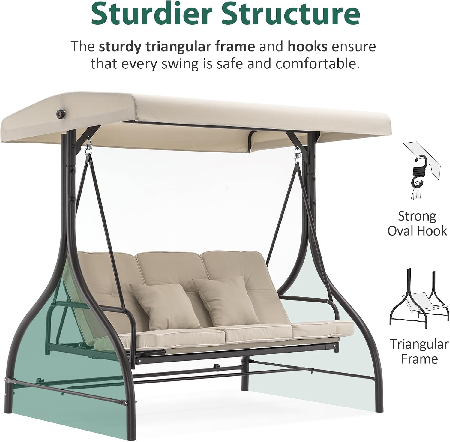 MCombo 3-Seat Outdoor Patio Swing Chair, 2-in-1 Convertible Porch Swing Glider Chair with Removable Cushions, Adjustable Canopy & Pillows for Backyard, Deck, Garden, 4068 (Beige)