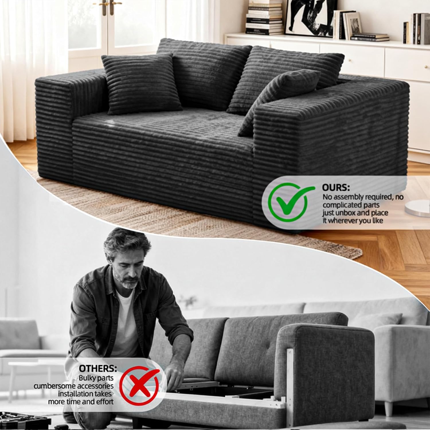 2-Seater Deep-Seat Corduroy Lounge Sleeper Sofa - No Assembly, Frameless Foam Cloud Couch for Living Room, Bedroom, Apartment, Dorm, Office