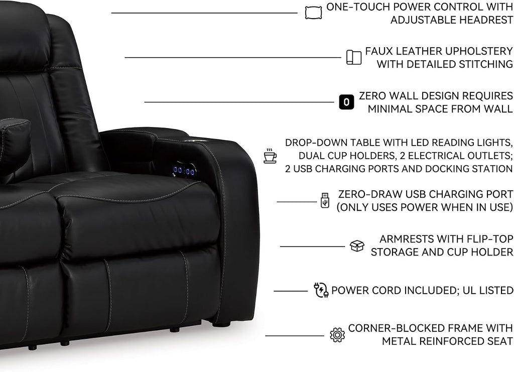 Signature Design by Ashley Caveman Den Modern Faux Leather Power Reclining Sofa with Adjustable Headrest, Drop Down Table, Electrical Outlets and LED Reading Lights, Black