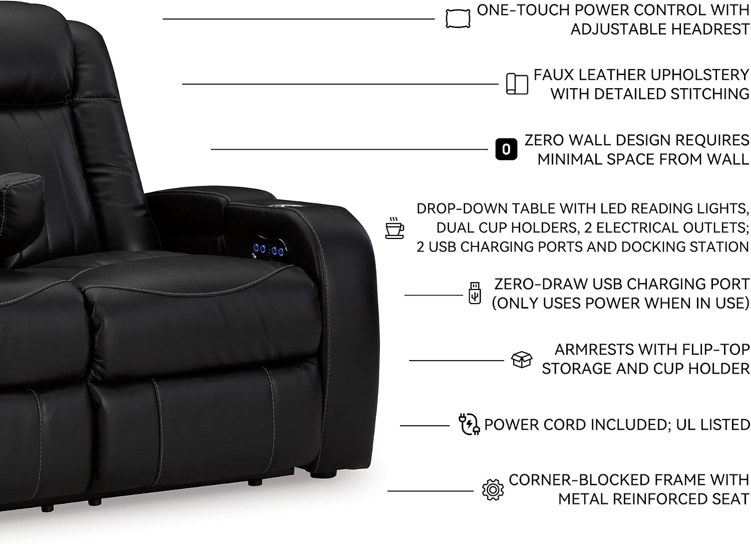 Signature Design by Ashley Caveman Den Modern Faux Leather Power Reclining Sofa with Adjustable Headrest, Drop Down Table, Electrical Outlets and LED Reading Lights, Black