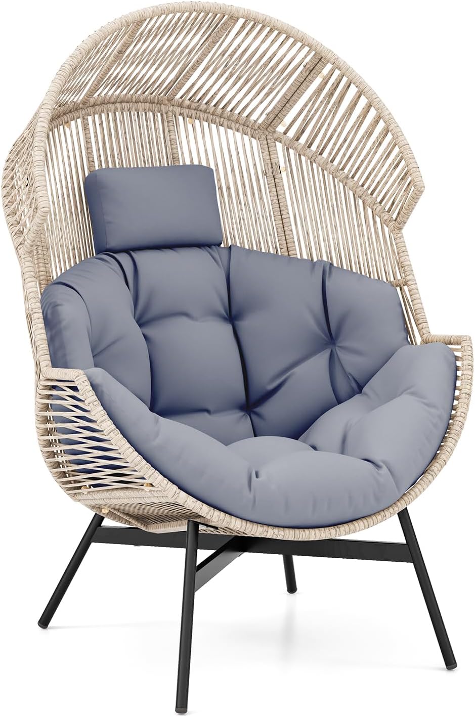 Tangkula Oversized Egg Style Chair, Wicker Stationary Patio Egg Chair w/Cushions & Headrest, Heavy-Duty Metal Frame, Patio Lounge Basket Sofa Chair for Yard, Porch, Living Room