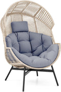 Tangkula Oversized Egg Style Chair, Wicker Stationary Patio Egg Chair w/Cushions & Headrest, Heavy-Duty Metal Frame, Patio Lounge Basket Sofa Chair for Yard, Porch, Living Room