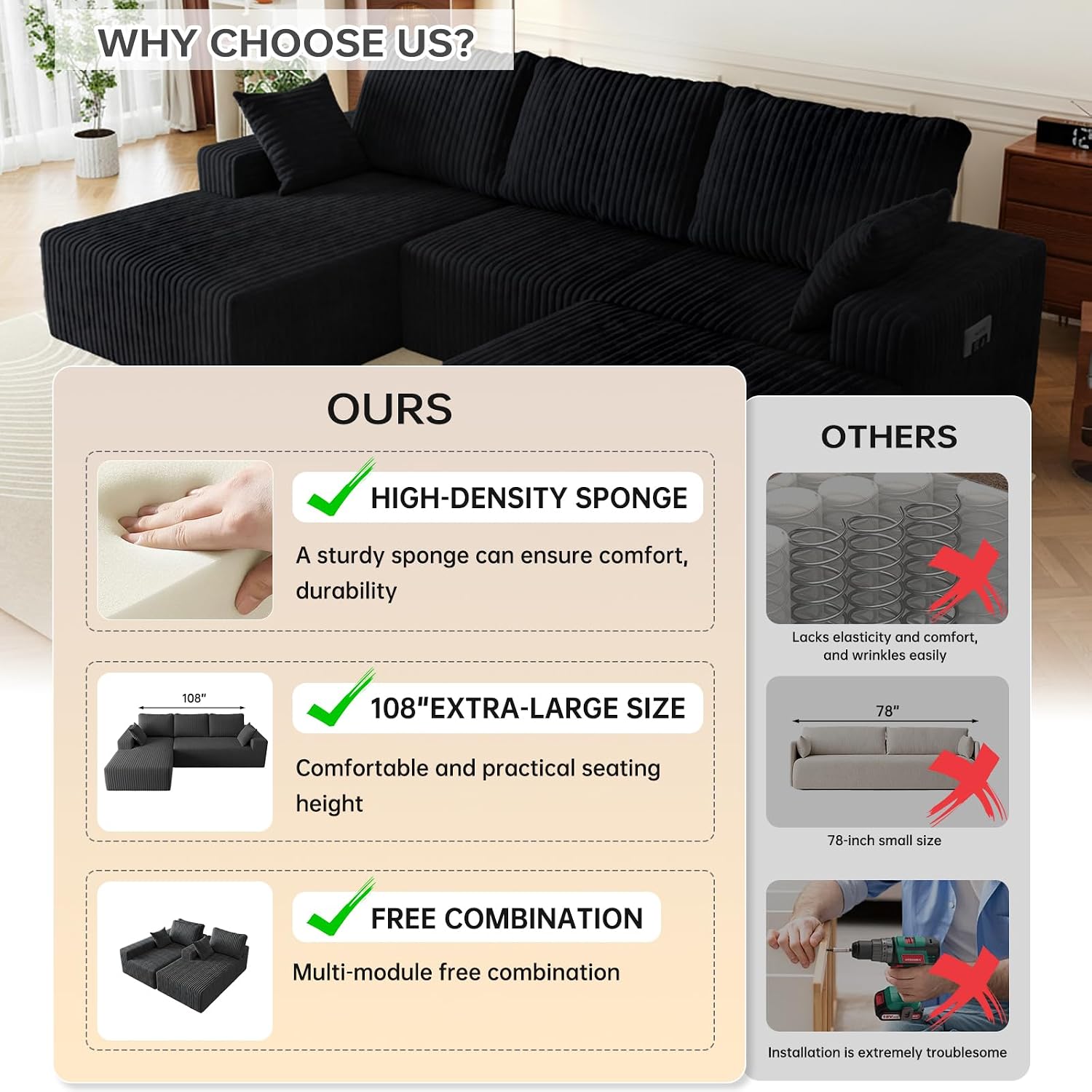 108' U-Shape Modular Sectional Cloud Couch with Ottoman, Deep Seat Boneless Couch with Oversized Chaise Lounge, Comfy Flannel Fabric Sofa for for Living Room Bedroom Apartment Game Room Basement