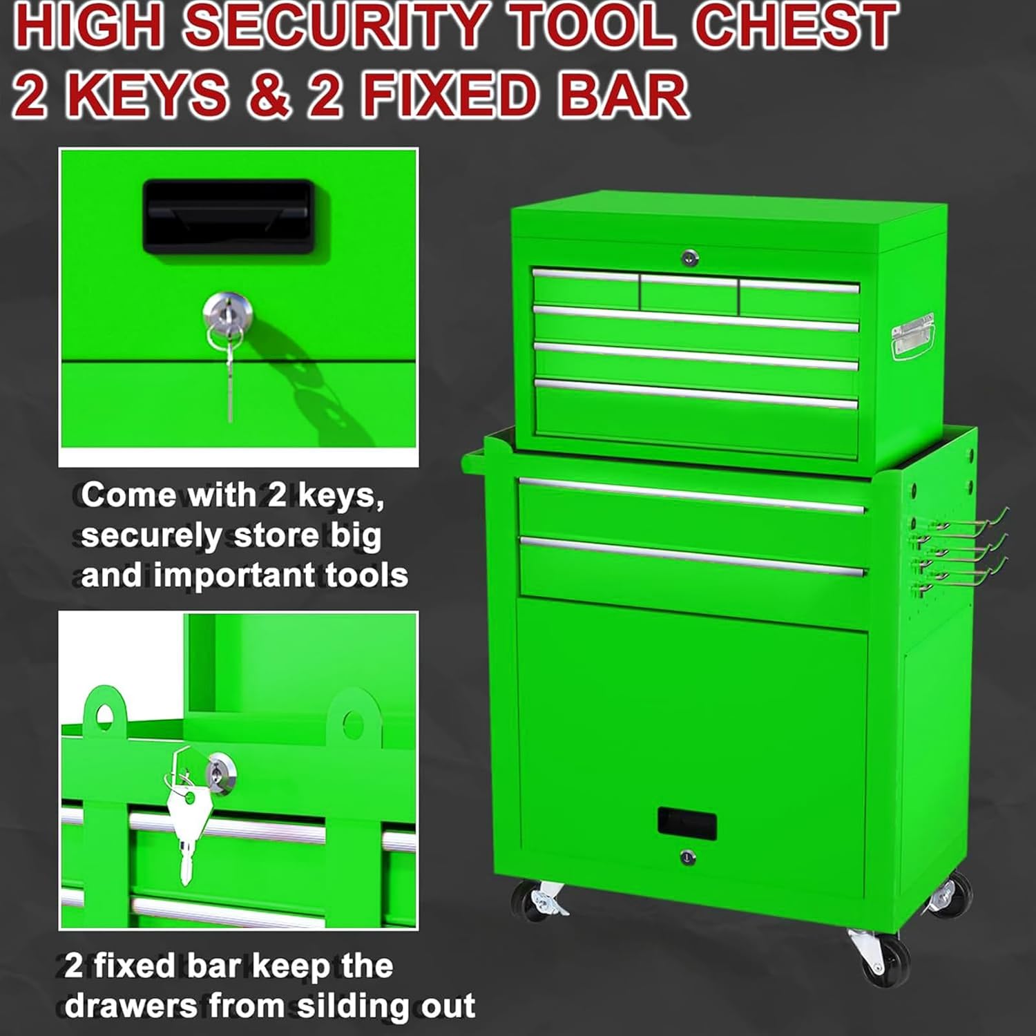 8-Drawer Rolling Tool Chest with Detachable Top Tool Box, Lockable Metal Tool Cabinet, and Liner, Heavy-Duty Storage Organizer with Wheels and 6 Hooks for Garage, Workshop, Green