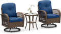 ORALNER 3 Pieces Wicker 360° Swivel Rocker Set Patio Furniture, Rocking Chairs with Cushions, Tempered Glass Coffee Table, Outdoor Rattan Bistro Set for Balcony Front Porch Deck Poolside (Navy)