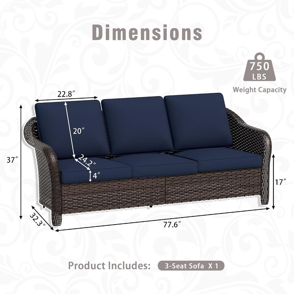 77 inch Outdoor Wicker 3 Seater Sofa, All-Weather Use Patio Rattan Sofa with Seat and Back Cushion, Ideal for Porch, Backyard, Balcony, Poolside, Blue