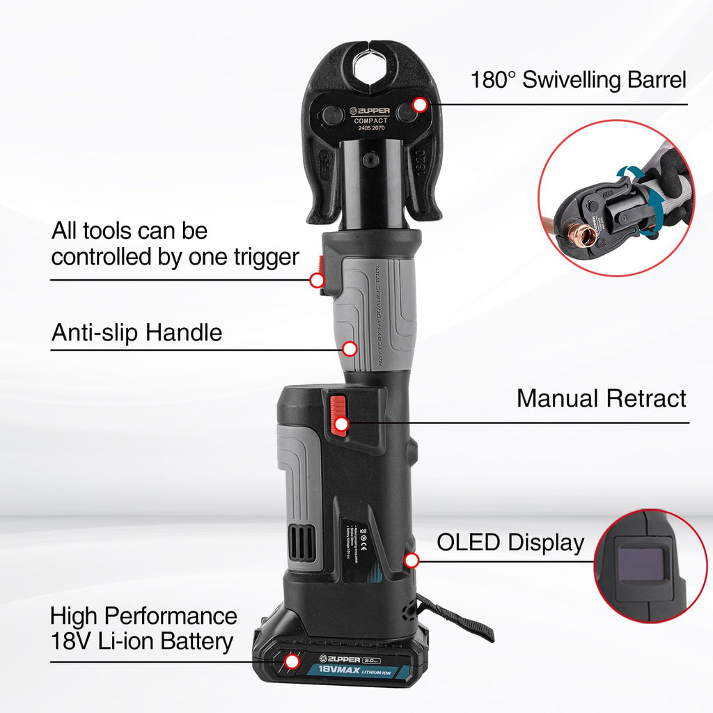 ZUPPER Press Tool, 18V Electric Pipe Crimping Tool for 1/2', 3/4', 1' Copper Pipes, Compact Press Tool Kit Suitable for Copper ProPress fittings - with 3 VUS Press Jaws, 2pcs Battery