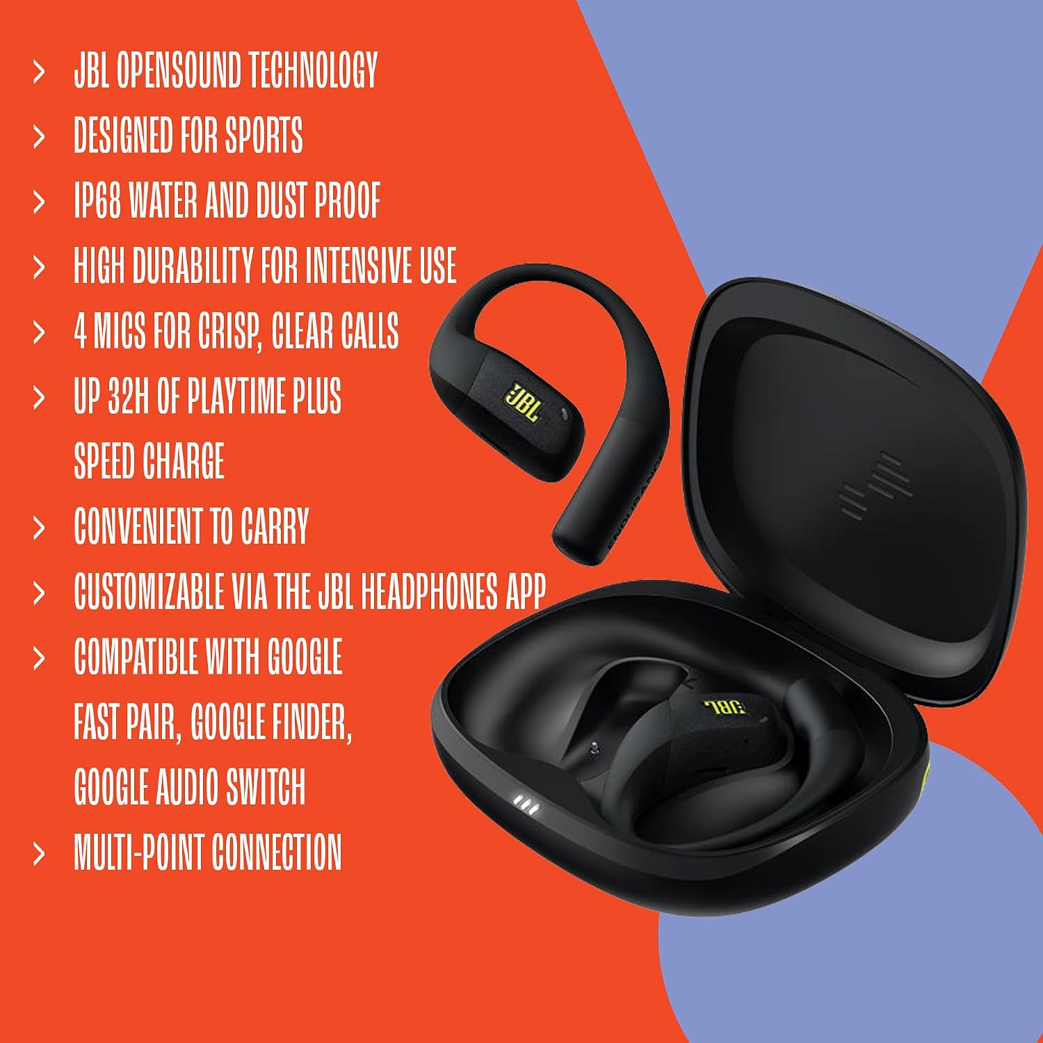 JBL Endurance Zone - True Wireless Open-Ear Sport Headphones with 4 mics for Crisp, Clear Calls, Water & dust Proof (IP68), and Up to 32 Hours of Playtime, Plus Speed Charge (White/Orange)