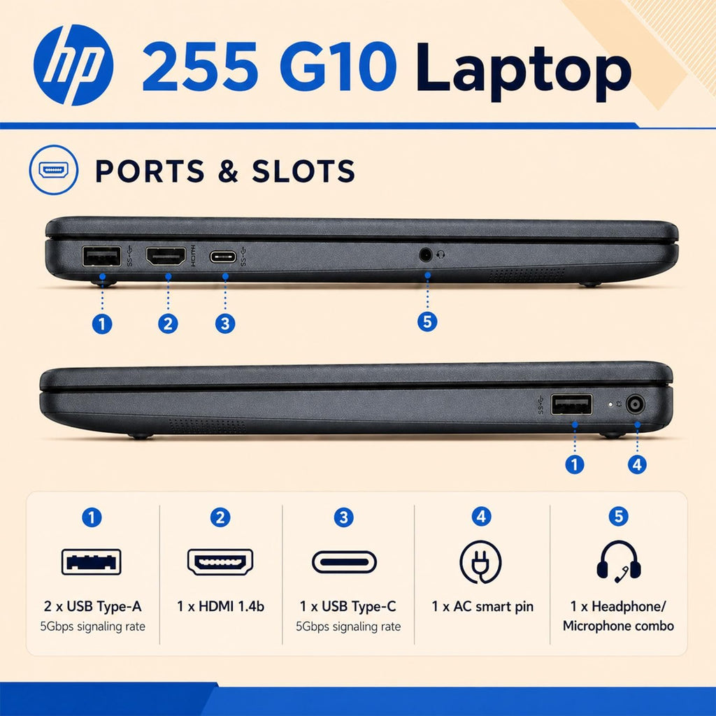 HP 255 G10 Business Laptop • AMD Ryzen 7 7735U • 15.6' FHD IPS Display • Dedicated Copilot Key • 16GB DDR5 RAM • 256GB SSD • HDMI • Wi-Fi 6 • BT 5.4 • Fast Charging • Windows 11 Pro • WOWPC USB