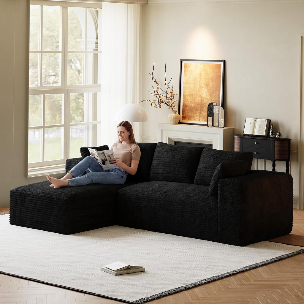 107' L-Shaped Boneless Sectional Couches for Living Room, Comfy Corduroy Fluffy Cloud Couch, Deep Seat Memory Foam Plush Modular Sectional Sofa with Left-Facing Chaise, No Assembly, Black