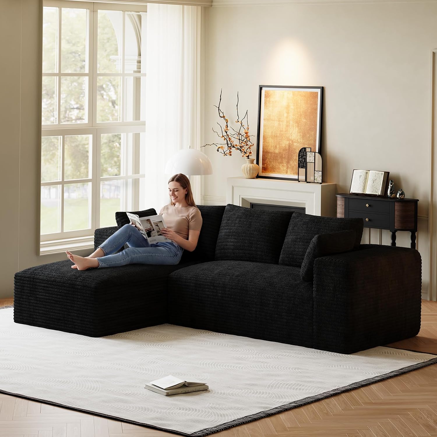 107' L-Shaped Boneless Sectional Couches for Living Room, Comfy Corduroy Fluffy Cloud Couch, Deep Seat Memory Foam Plush Modular Sectional Sofa with Left-Facing Chaise, No Assembly, Black