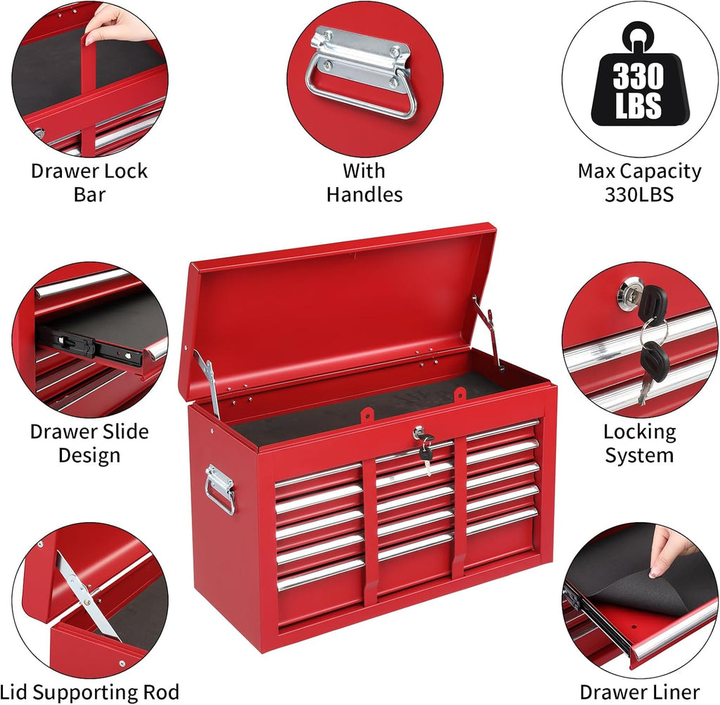 Winado 24' Metal Tool Box, Portable 5 Drawers Toolbox with Top Storage Tray, Carry Handle, Ball Bearing Runners, Lockable Tool Chest Cabinet for Garage, Warehouse, Repair Shop & Home, Red