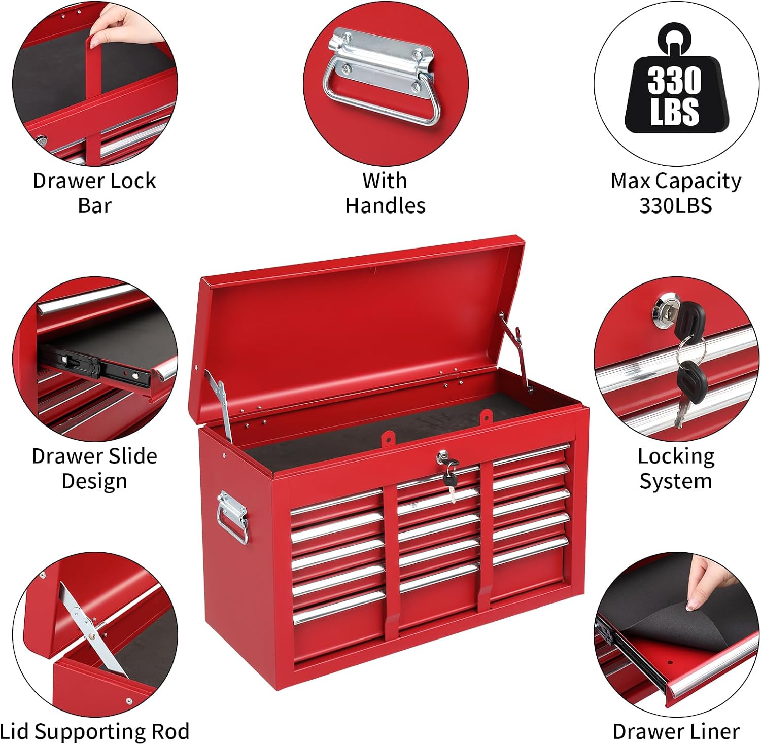 Winado 24' Metal Tool Box, Portable 5 Drawers Toolbox with Top Storage Tray, Carry Handle, Ball Bearing Runners, Lockable Tool Chest Cabinet for Garage, Warehouse, Repair Shop & Home, Red