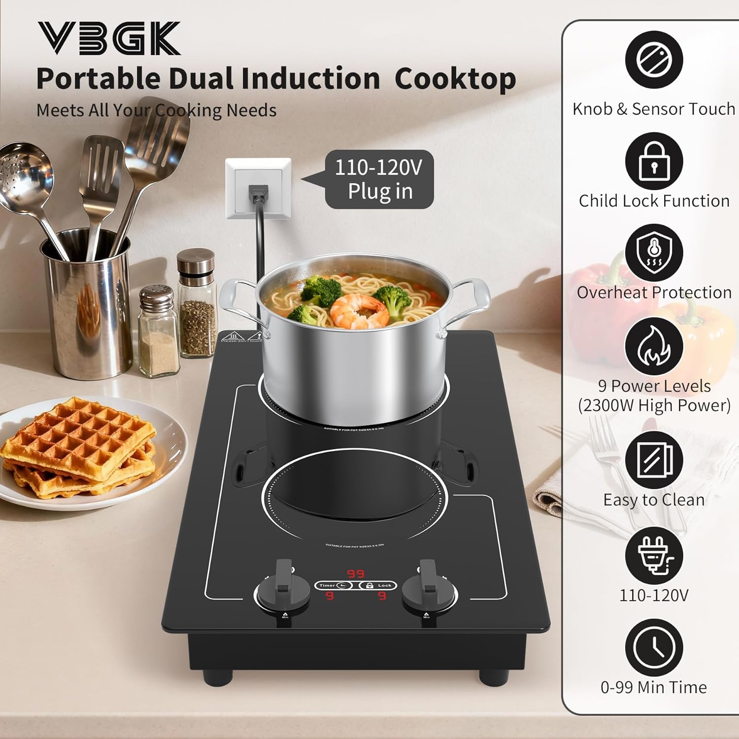 VBGK 2 burner Induction cooktop,110V 2300W double burner hot plate with LED Touch Screen, 9 Power Levels, Kids Lock & Timer, Overheat Protection, knob and touch control Double Induction Cooktop