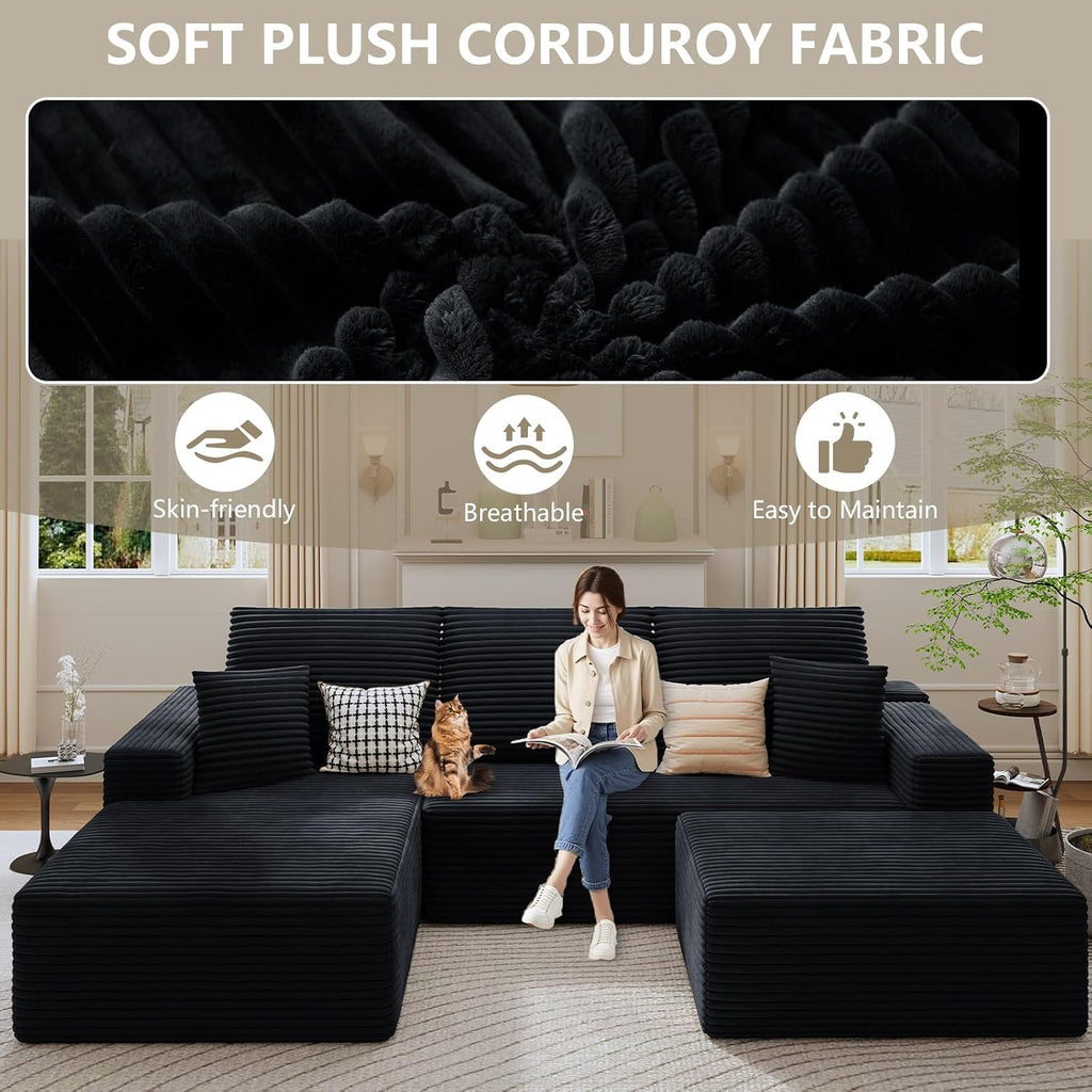 107' Cloud Sectional Couch with U-Shaped Chaise, Corduroy Sectional Sofa with Ottoman, Boneless Couch with Deep Seat in a Box for Living Room, No Assembly Required (Black, Left Facing Chaise)