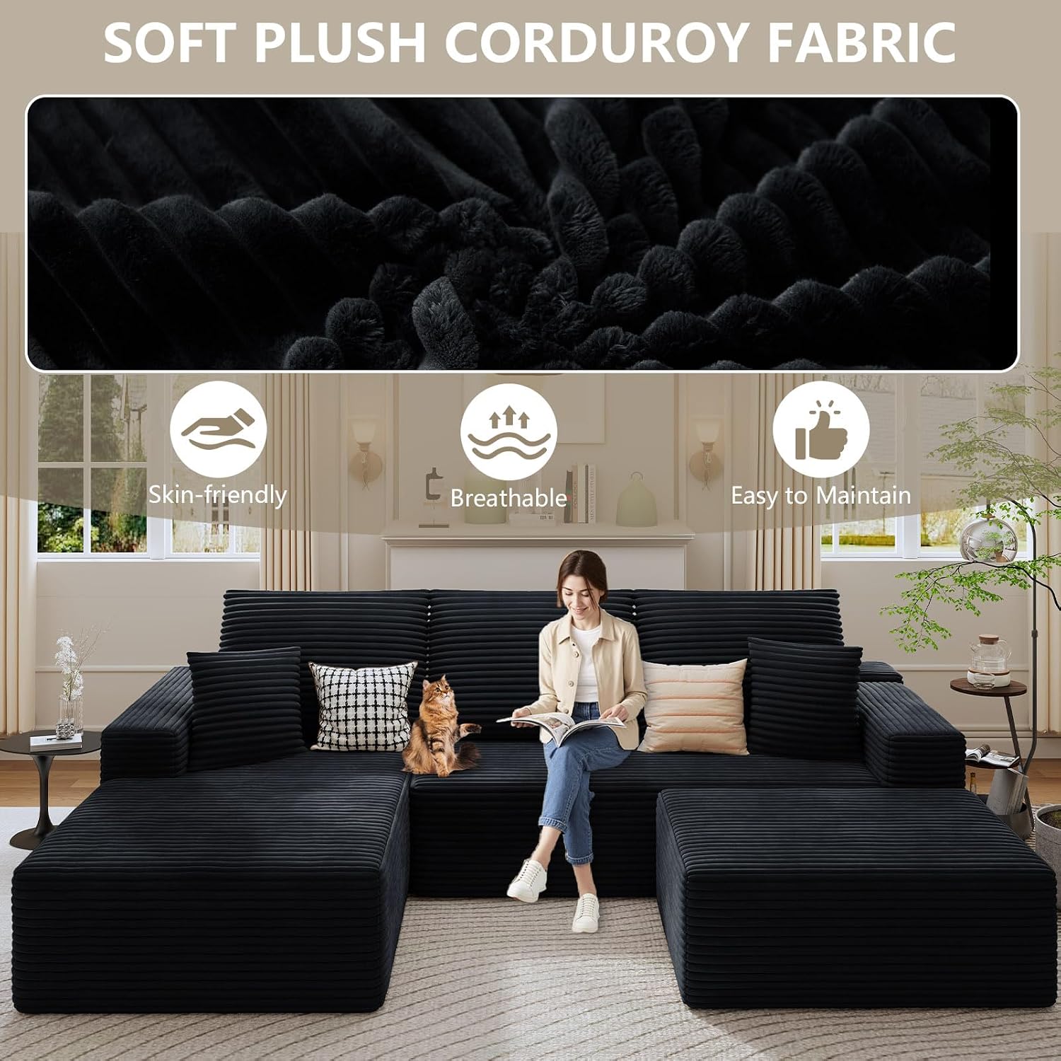 107' Cloud Sectional Couch with U-Shaped Chaise, Corduroy Sectional Sofa with Ottoman, Boneless Couch with Deep Seat in a Box for Living Room, No Assembly Required (Black, Left Facing Chaise)
