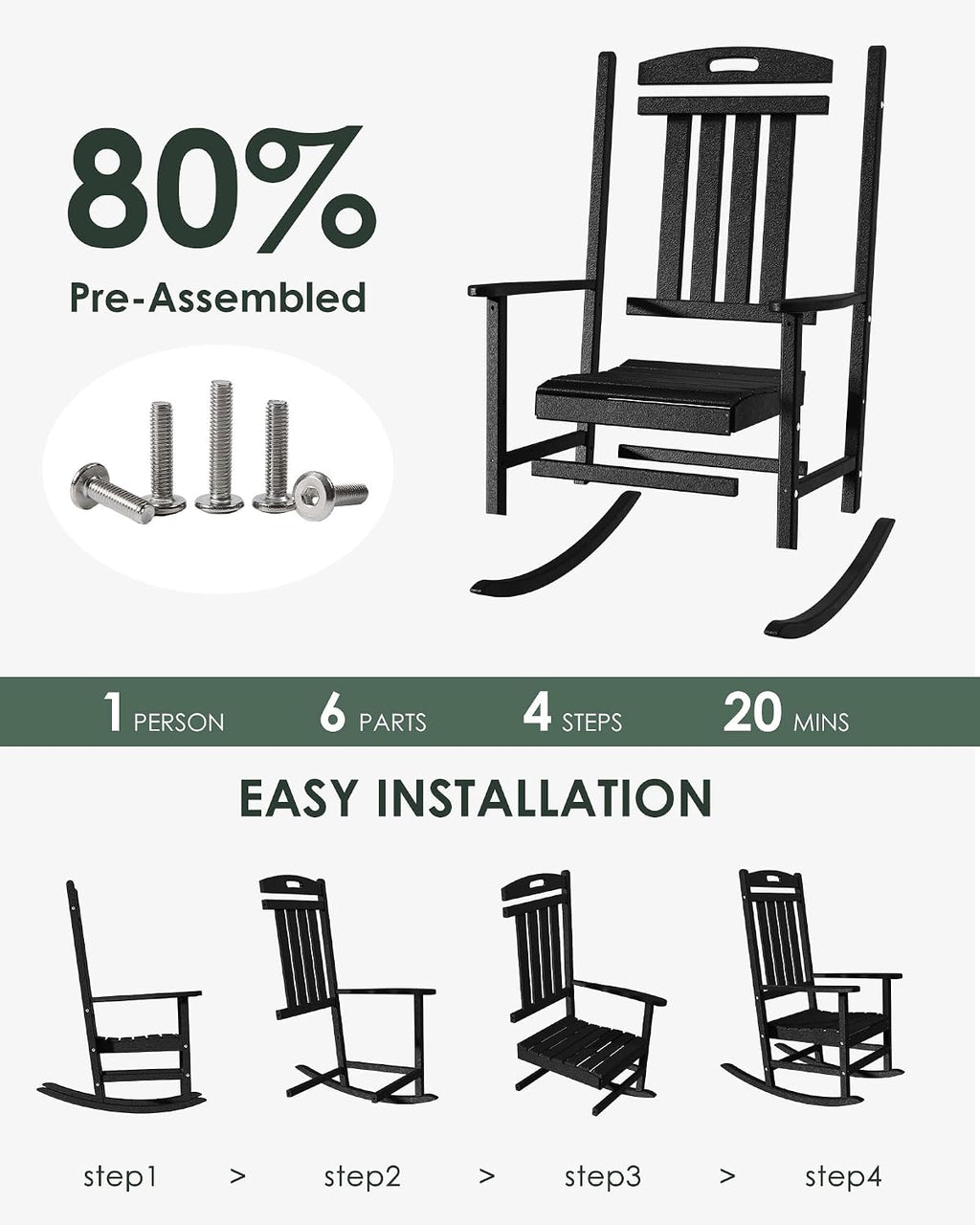 Outdoor Rocking Chair Set of 2, High Back Plastic Patio Rocking Chairs for Outside Porch Rocker Garden Lawn, All-Weather Resistant Poly Lumber Rocker Chair Outdoor, Lime