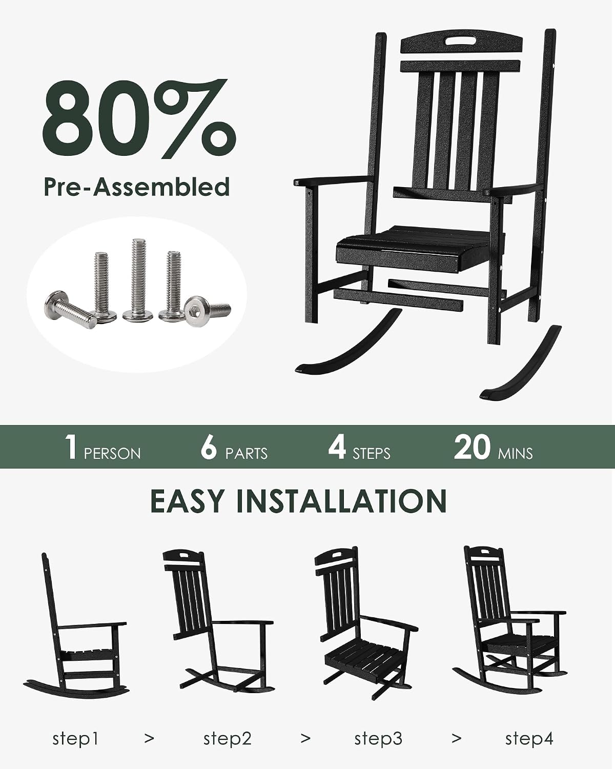 Outdoor Rocking Chair Set of 2, High Back Plastic Patio Rocking Chairs for Outside Porch Rocker Garden Lawn, All-Weather Resistant Poly Lumber Rocker Chair Outdoor, Lime