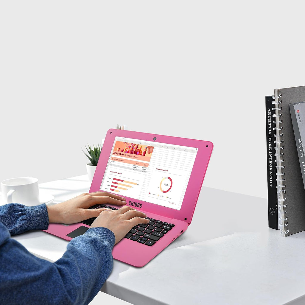 CHIBBS 10.1' Inch Kids Laptop Computer, Netbook Powered by Android 12.0, Quad Core Processor, 2gb Ram + 64gb ROM, Camera, 2* USB, Bluetooth, Wi-Fi- Pink