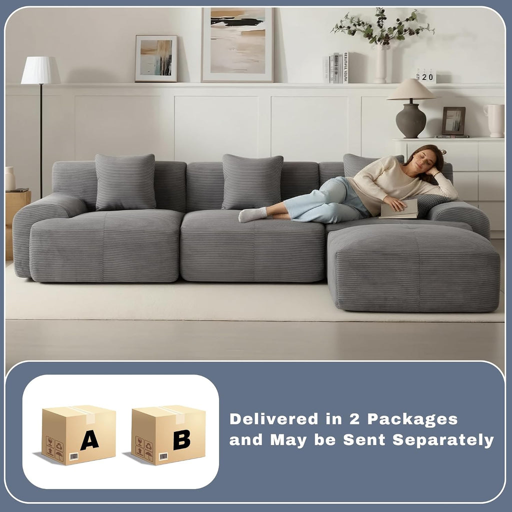 107' Cloud Modular Sectional Couch,Boneless Sofa with Ottman,L-Shape Upholstered Sofas with Deep Seat,Modern Cozy Corduroy Couches with Memory Foam,No Assembly Required (Dark Grey)