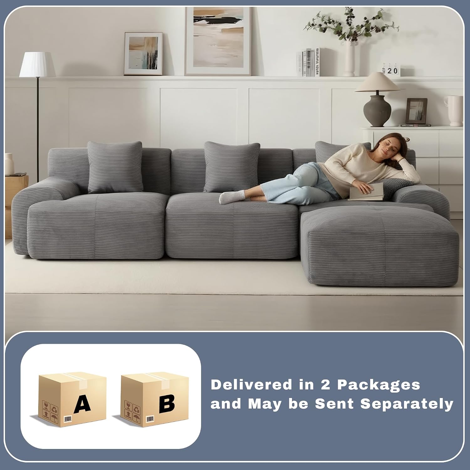 107' Cloud Modular Sectional Couch,Boneless Sofa with Ottman,L-Shape Upholstered Sofas with Deep Seat,Modern Cozy Corduroy Couches with Memory Foam,No Assembly Required (Dark Grey)