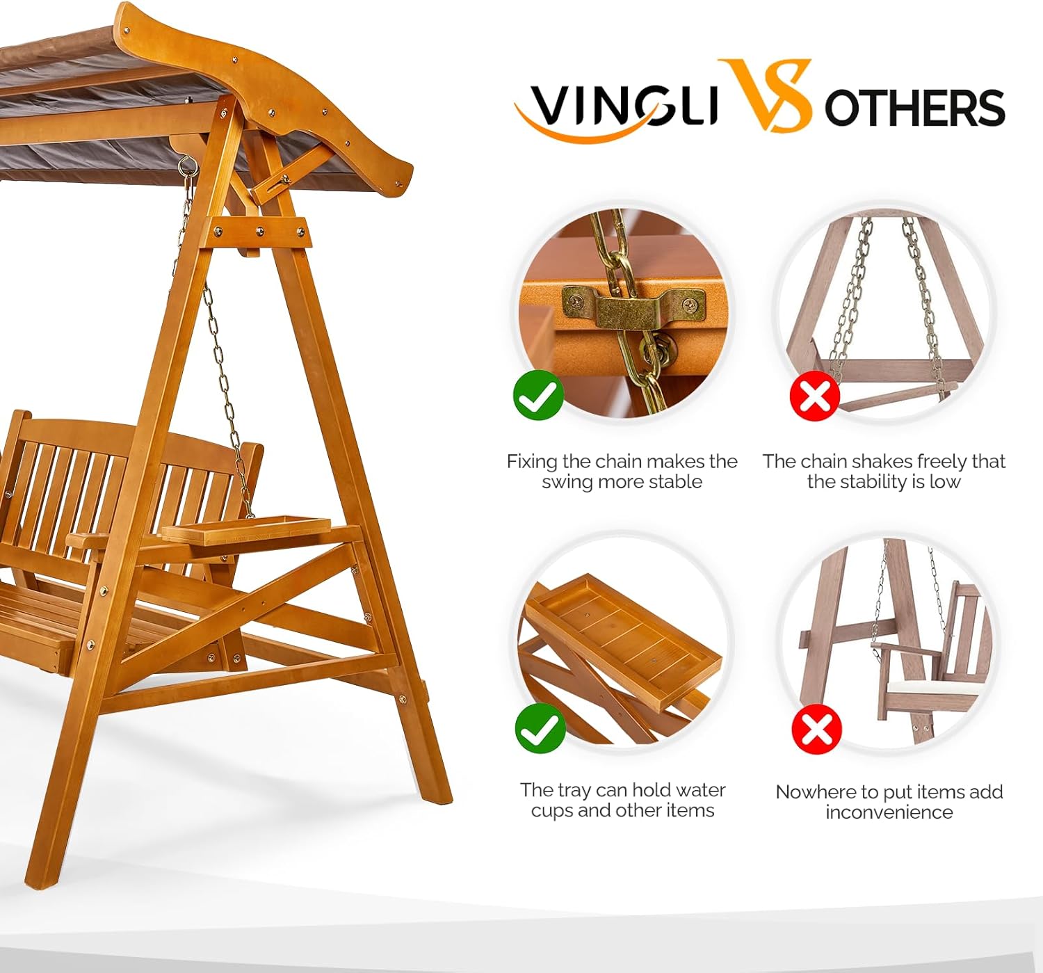 VINGLI Porch Swing with Stand, Porch Swing with Canopy, Waterproof Patio Swing with Cup Holder, Outdoor Swing Set for Garden, Yard, Patio, Teak
